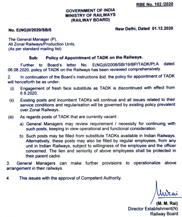 Policy Of Appointment Of TADK On The Railways: 01/12/2020,RBE 102/2020