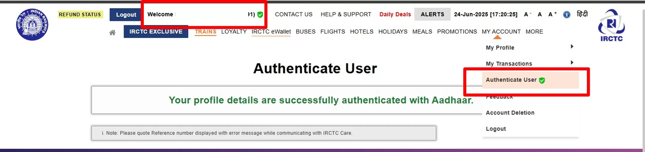 Authenticate user profile on IRCTC 