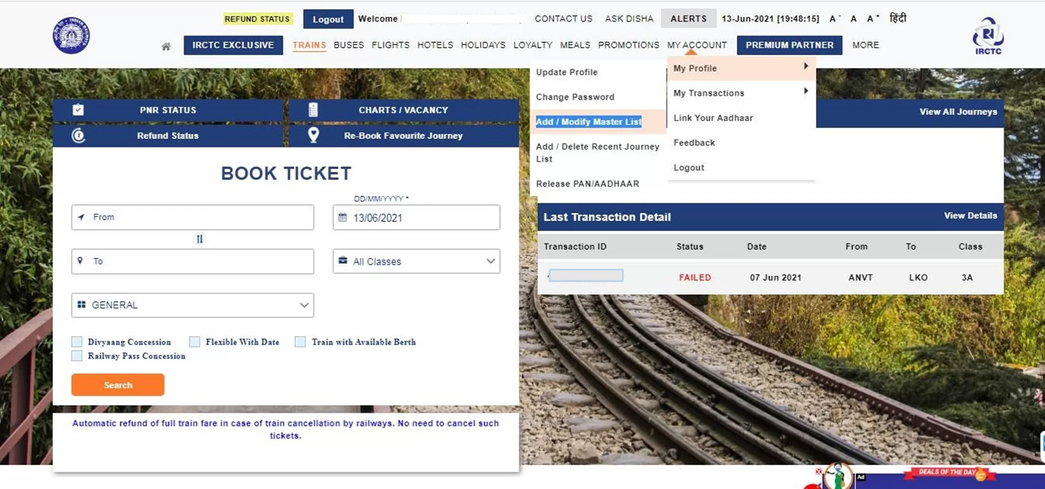 Authenticate user profile on IRCTC 