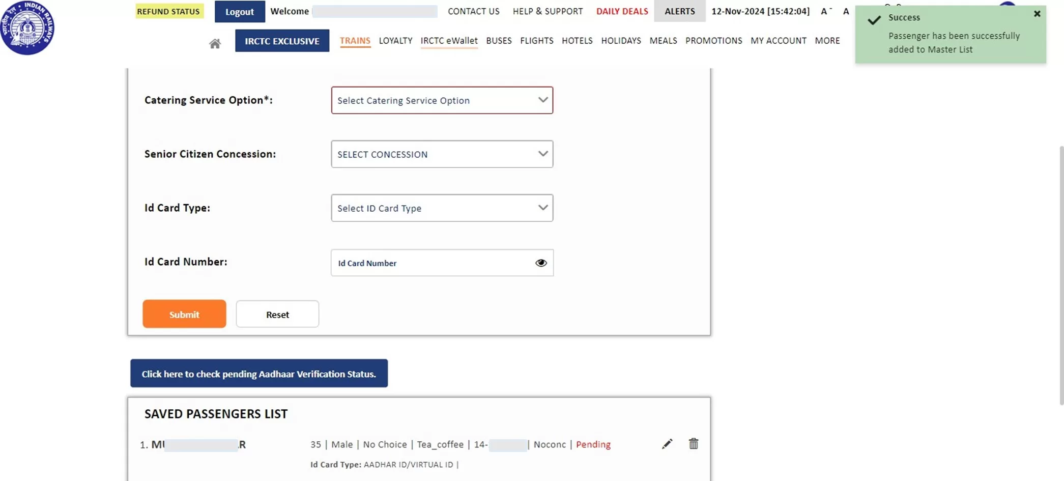 Authenticate user profile on IRCTC 